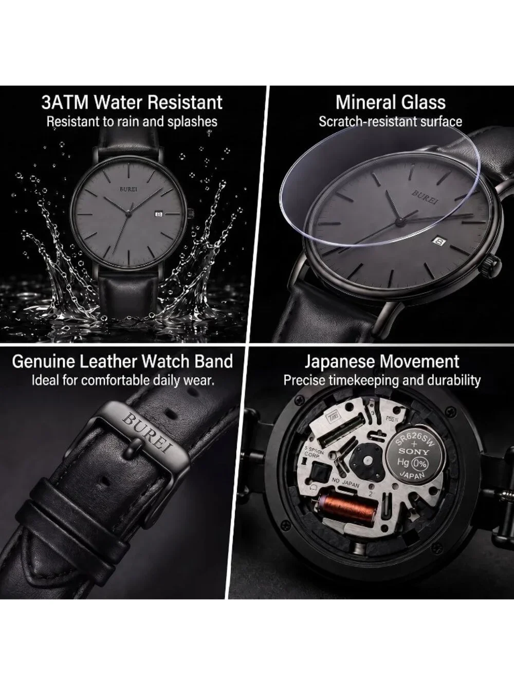 Men's Dark Grey Ultra Thin Minimalist Analog Waterproof Casual Wrist Watch